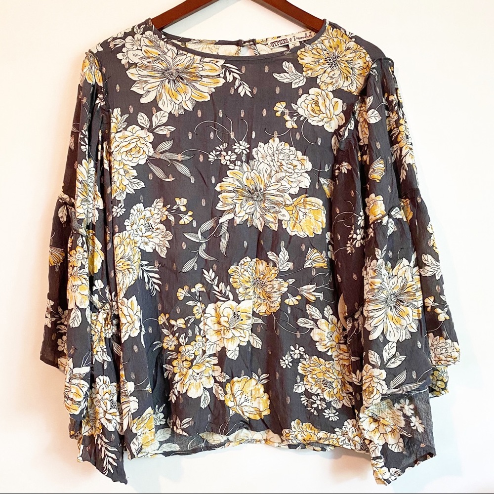 Gypsies & Moondust Floral Blouse - Gray and Yellow
